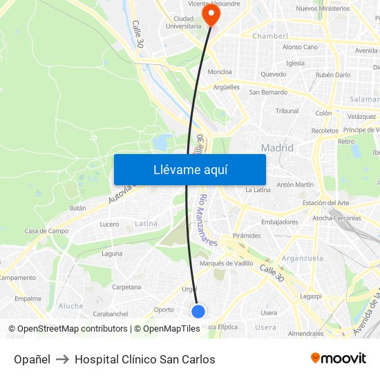 Opañel to Hospital Clínico San Carlos map