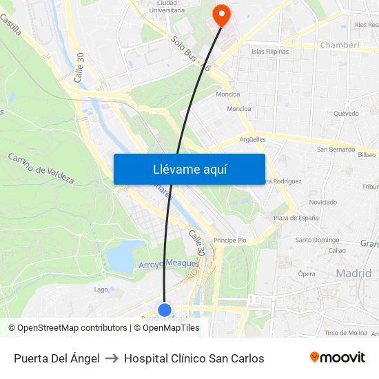 Puerta Del Ángel to Hospital Clínico San Carlos map