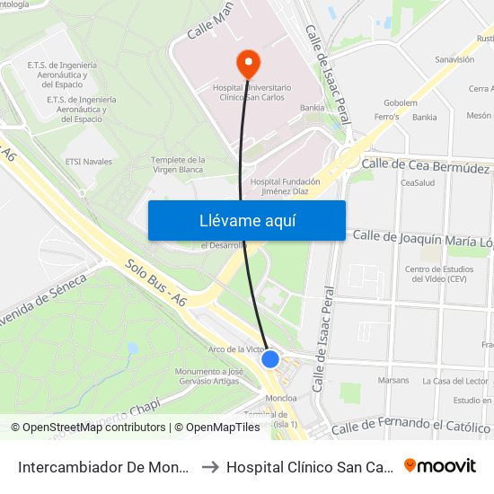 Intercambiador De Moncloa to Hospital Clínico San Carlos map