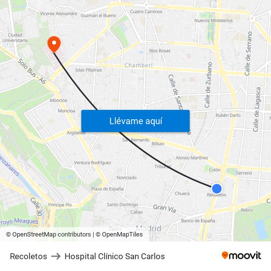 Recoletos to Hospital Clínico San Carlos map