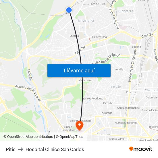 Pitis to Hospital Clínico San Carlos map