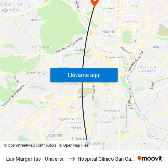 Las Margaritas - Universidad to Hospital Clínico San Carlos map