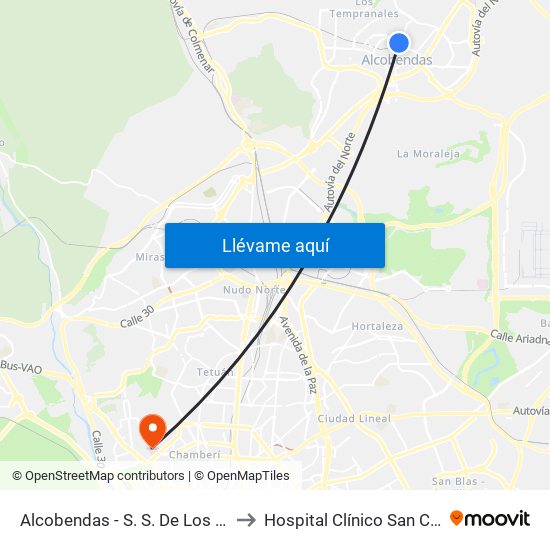 Alcobendas - S. S. De Los Reyes to Hospital Clínico San Carlos map