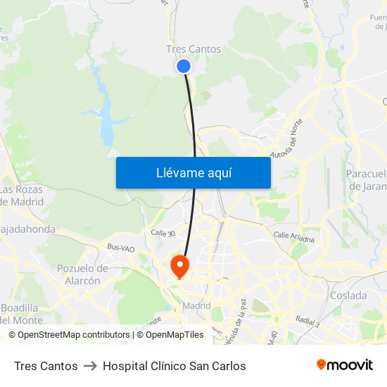 Tres Cantos to Hospital Clínico San Carlos map