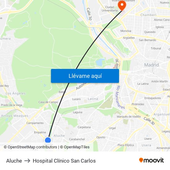 Aluche to Hospital Clínico San Carlos map