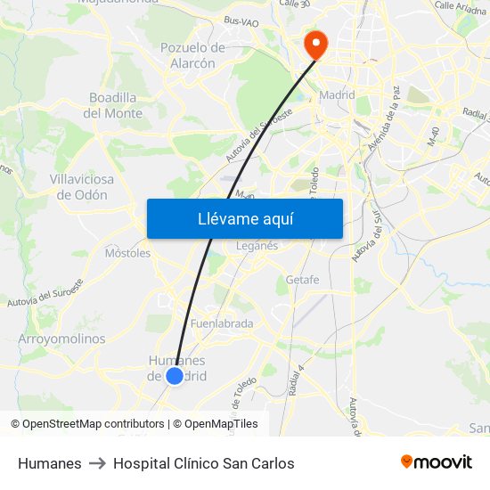 Humanes to Hospital Clínico San Carlos map