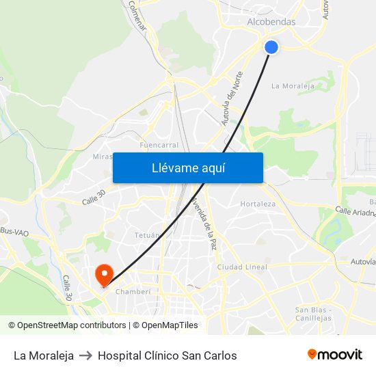 La Moraleja to Hospital Clínico San Carlos map