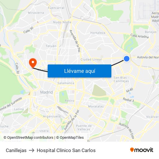 Canillejas to Hospital Clínico San Carlos map