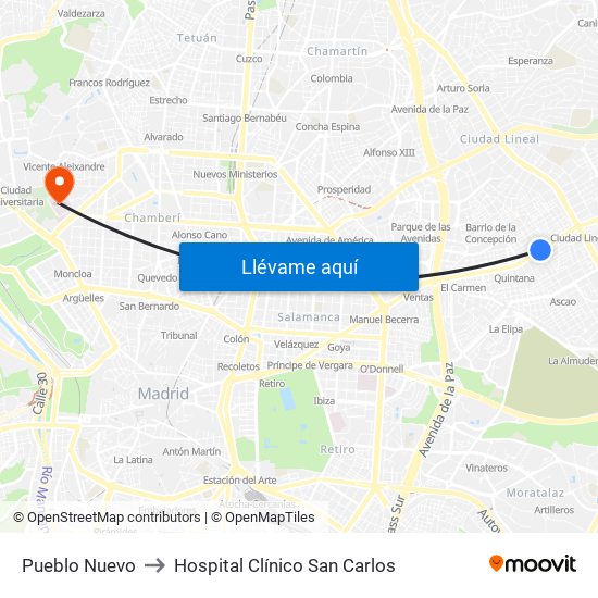 Pueblo Nuevo to Hospital Clínico San Carlos map