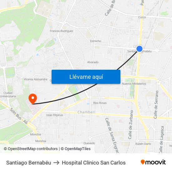 Santiago Bernabéu to Hospital Clínico San Carlos map