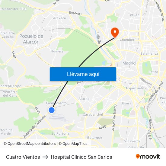 Cuatro Vientos to Hospital Clínico San Carlos map