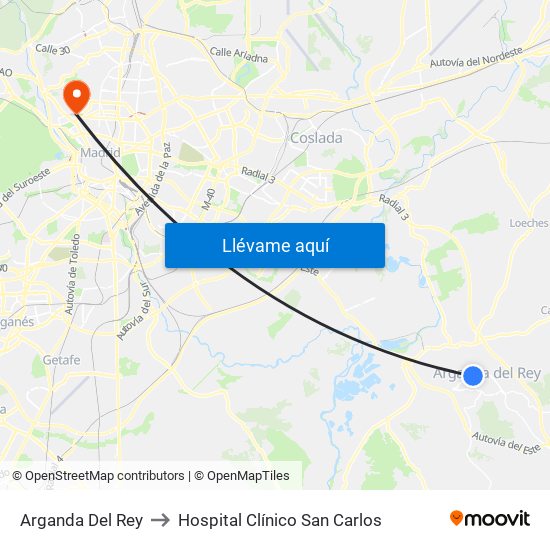 Arganda Del Rey to Hospital Clínico San Carlos map