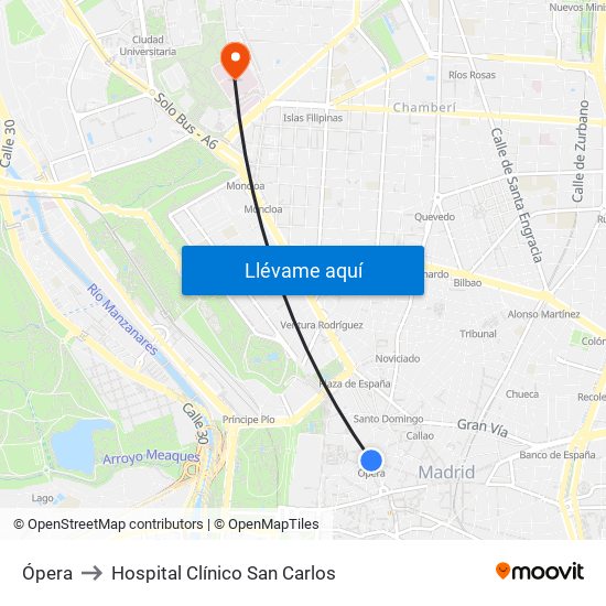 Ópera to Hospital Clínico San Carlos map