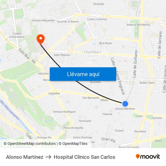 Alonso Martínez to Hospital Clínico San Carlos map