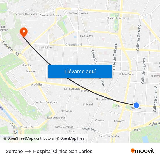 Serrano to Hospital Clínico San Carlos map