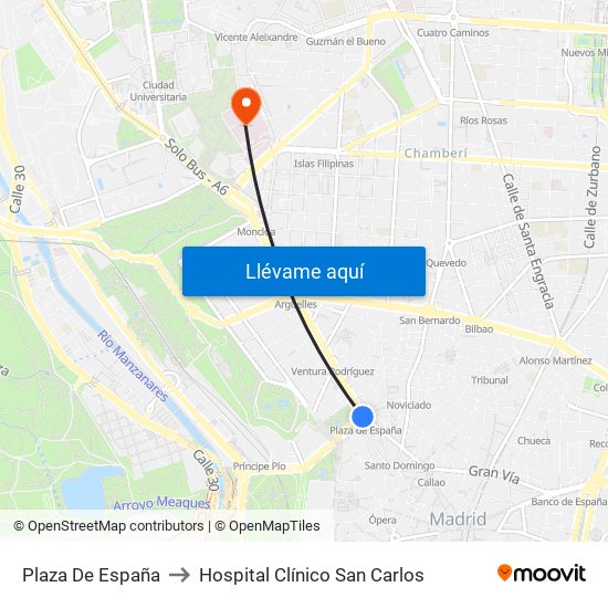Plaza De España to Hospital Clínico San Carlos map