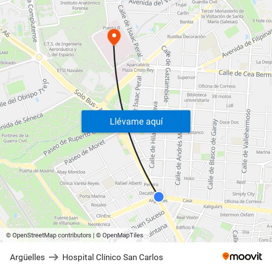 Argüelles to Hospital Clínico San Carlos map