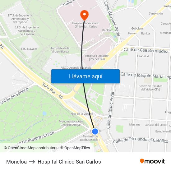 Moncloa to Hospital Clínico San Carlos map