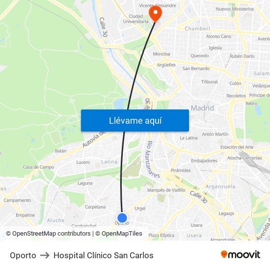 Oporto to Hospital Clínico San Carlos map
