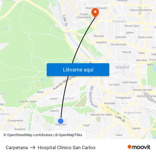 Carpetana to Hospital Clínico San Carlos map