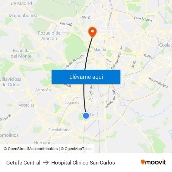Getafe Central to Hospital Clínico San Carlos map