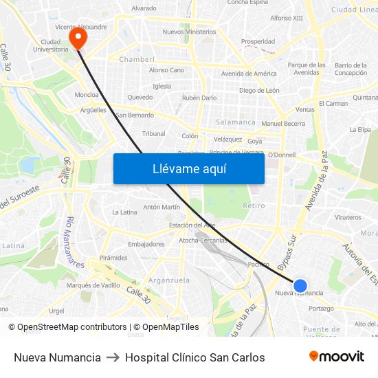 Nueva Numancia to Hospital Clínico San Carlos map