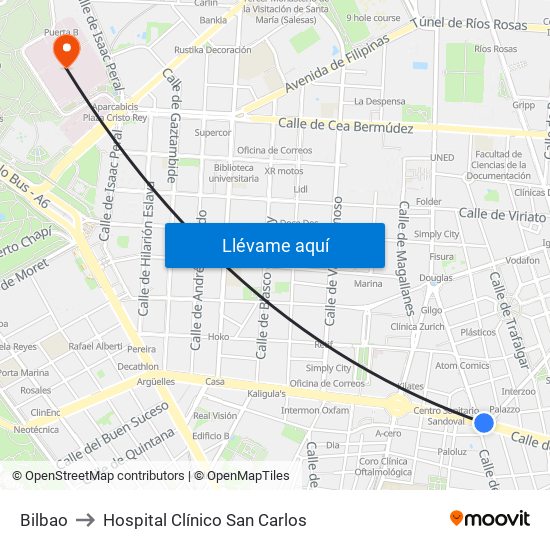 Bilbao to Hospital Clínico San Carlos map