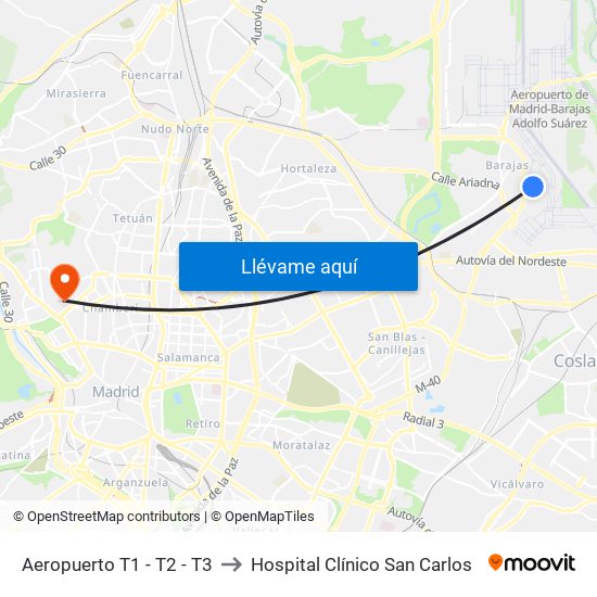 Aeropuerto T1 - T2 - T3 to Hospital Clínico San Carlos map
