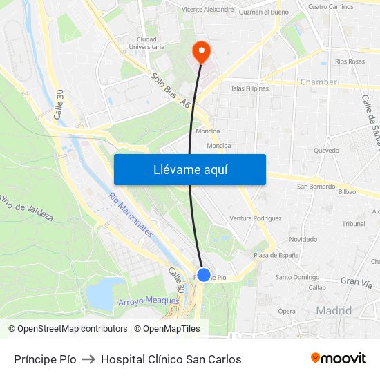 Príncipe Pío to Hospital Clínico San Carlos map