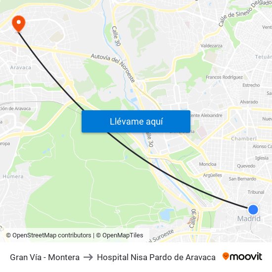 Gran Vía - Montera to Hospital Nisa Pardo de Aravaca map