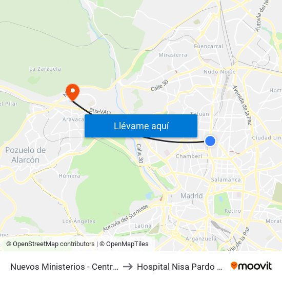 Nuevos Ministerios - Centro Comercial to Hospital Nisa Pardo de Aravaca map