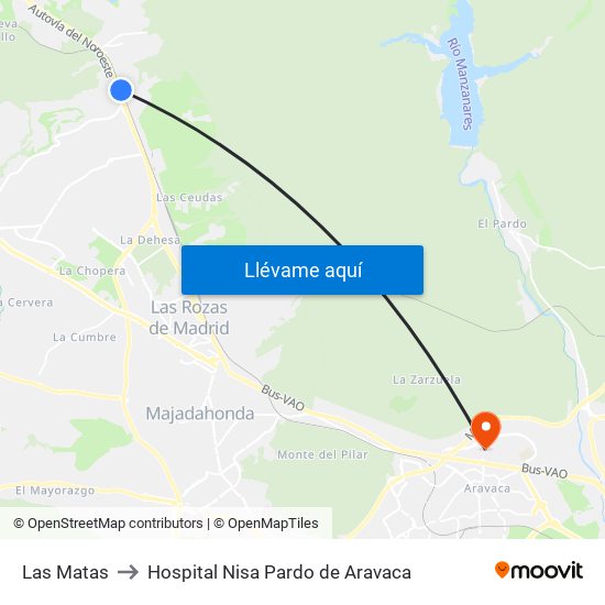 Las Matas to Hospital Nisa Pardo de Aravaca map