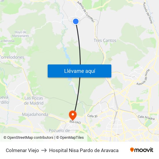 Colmenar Viejo to Hospital Nisa Pardo de Aravaca map