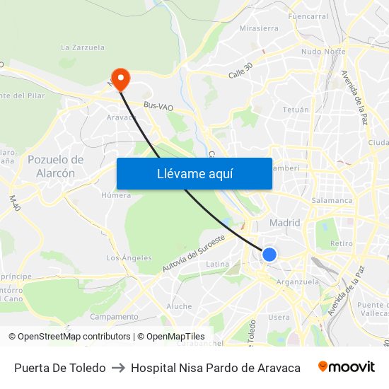 Puerta De Toledo to Hospital Nisa Pardo de Aravaca map