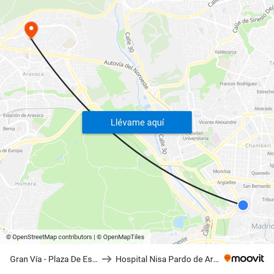 Gran Vía - Plaza De España to Hospital Nisa Pardo de Aravaca map