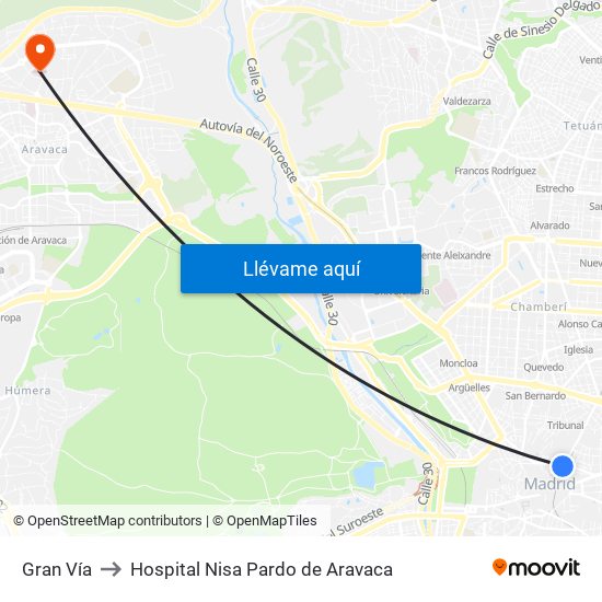 Gran Vía to Hospital Nisa Pardo de Aravaca map
