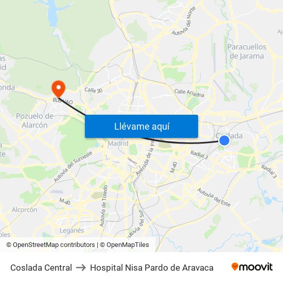Coslada Central to Hospital Nisa Pardo de Aravaca map