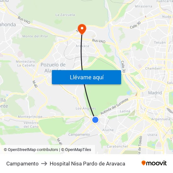 Campamento to Hospital Nisa Pardo de Aravaca map