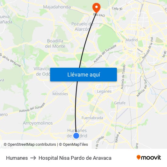 Humanes to Hospital Nisa Pardo de Aravaca map