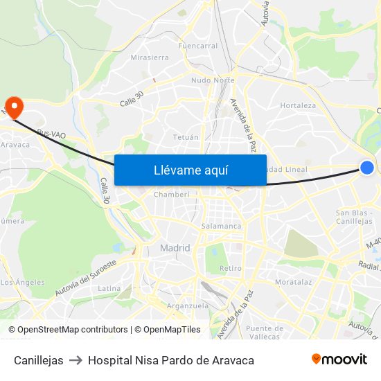 Canillejas to Hospital Nisa Pardo de Aravaca map