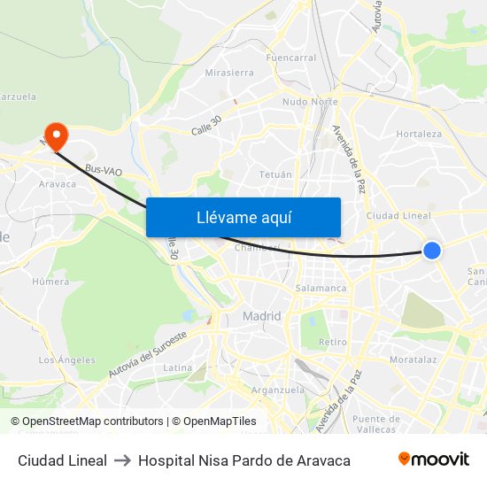 Ciudad Lineal to Hospital Nisa Pardo de Aravaca map