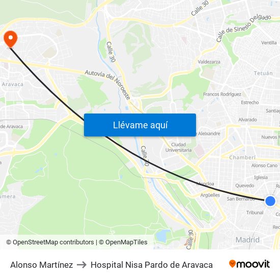 Alonso Martínez to Hospital Nisa Pardo de Aravaca map