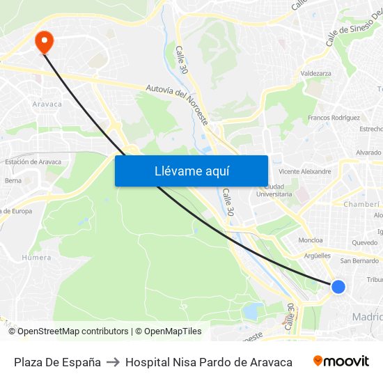 Plaza De España to Hospital Nisa Pardo de Aravaca map