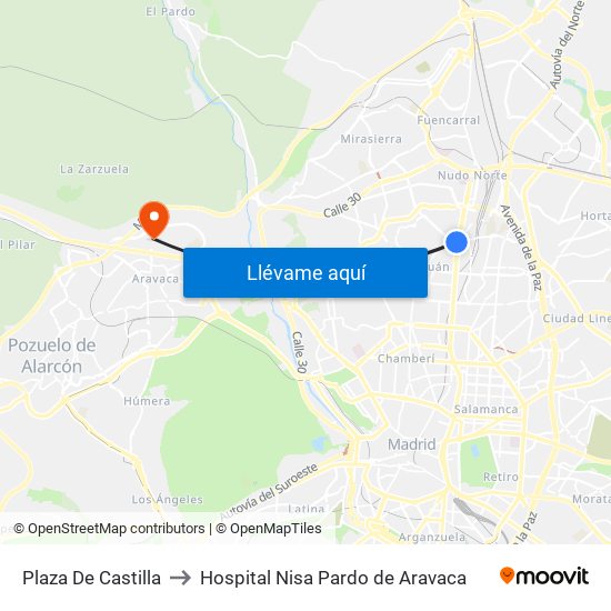 Plaza De Castilla to Hospital Nisa Pardo de Aravaca map