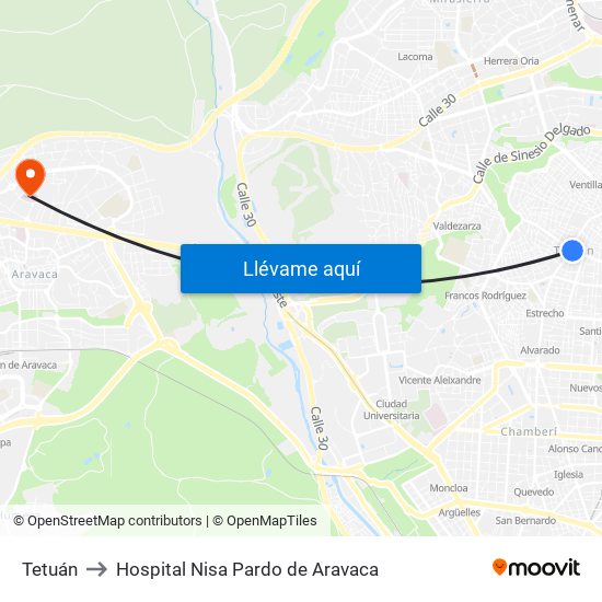 Tetuán to Hospital Nisa Pardo de Aravaca map