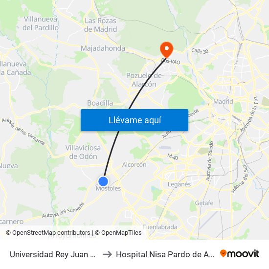 Universidad Rey Juan Carlos to Hospital Nisa Pardo de Aravaca map