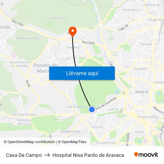 Casa De Campo to Hospital Nisa Pardo de Aravaca map