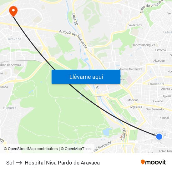 Sol to Hospital Nisa Pardo de Aravaca map