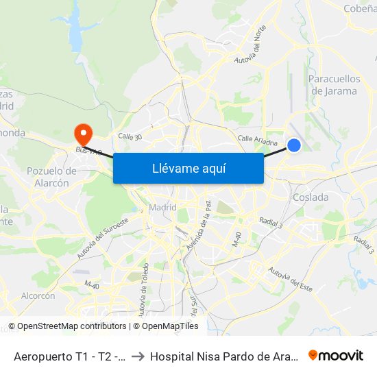 Aeropuerto T1 - T2 - T3 to Hospital Nisa Pardo de Aravaca map