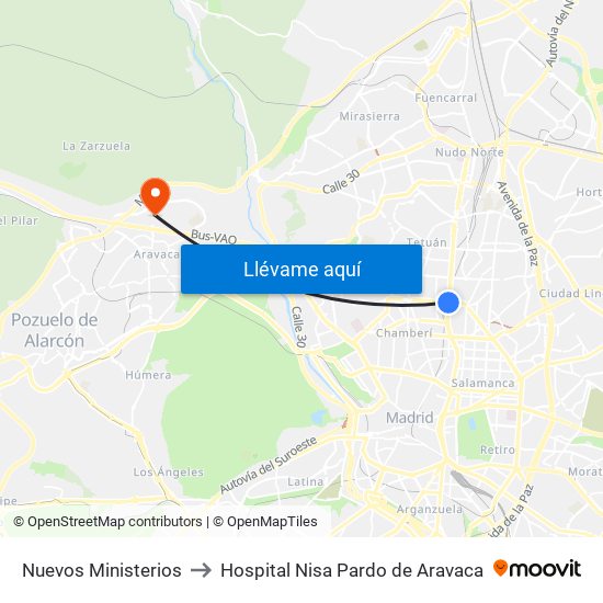 Nuevos Ministerios to Hospital Nisa Pardo de Aravaca map